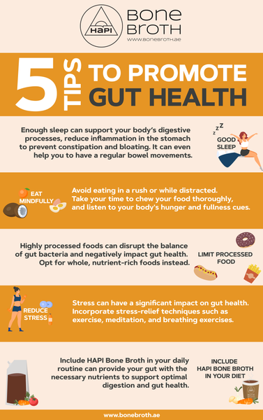 tips to improve your gut health_infographic_HAPI_bone broth_over eating_gut health_digestion_colon_eating at night_collagen_organic_Dubai_Abu Dhabi_natural_clinic