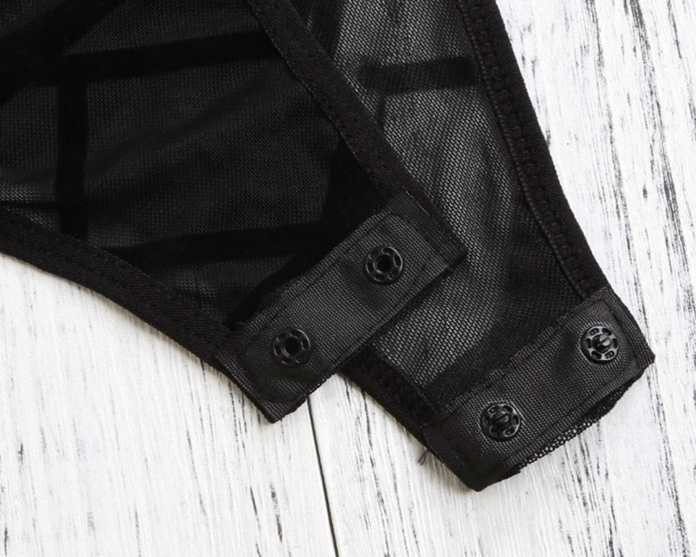 Geometric Print Sheer Bodysuit , Sheer Black Long Sleeve Bodysuit, Mes ...