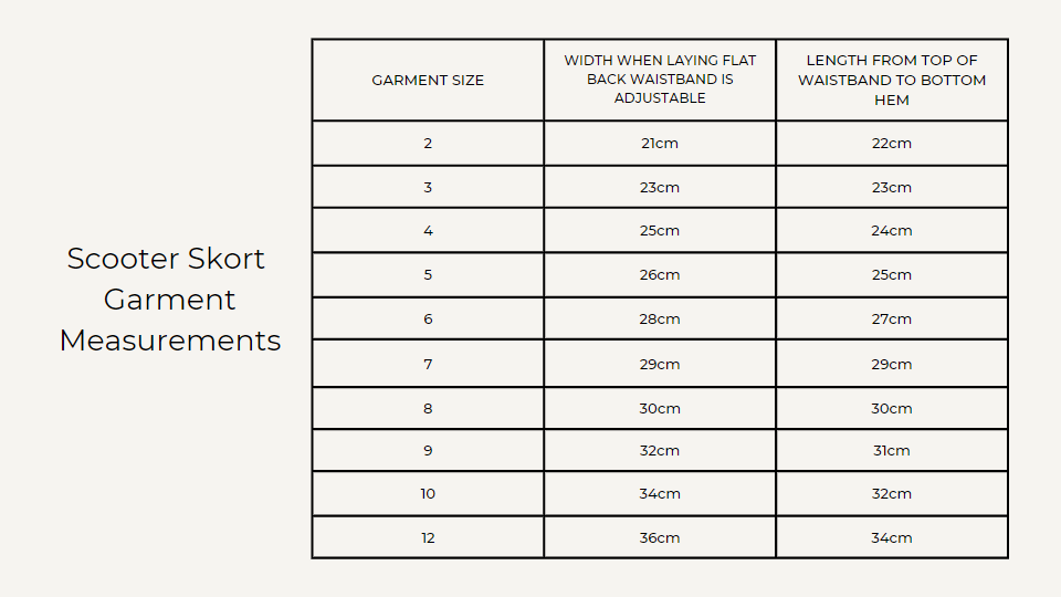 Scooter Skort Garment Measurements