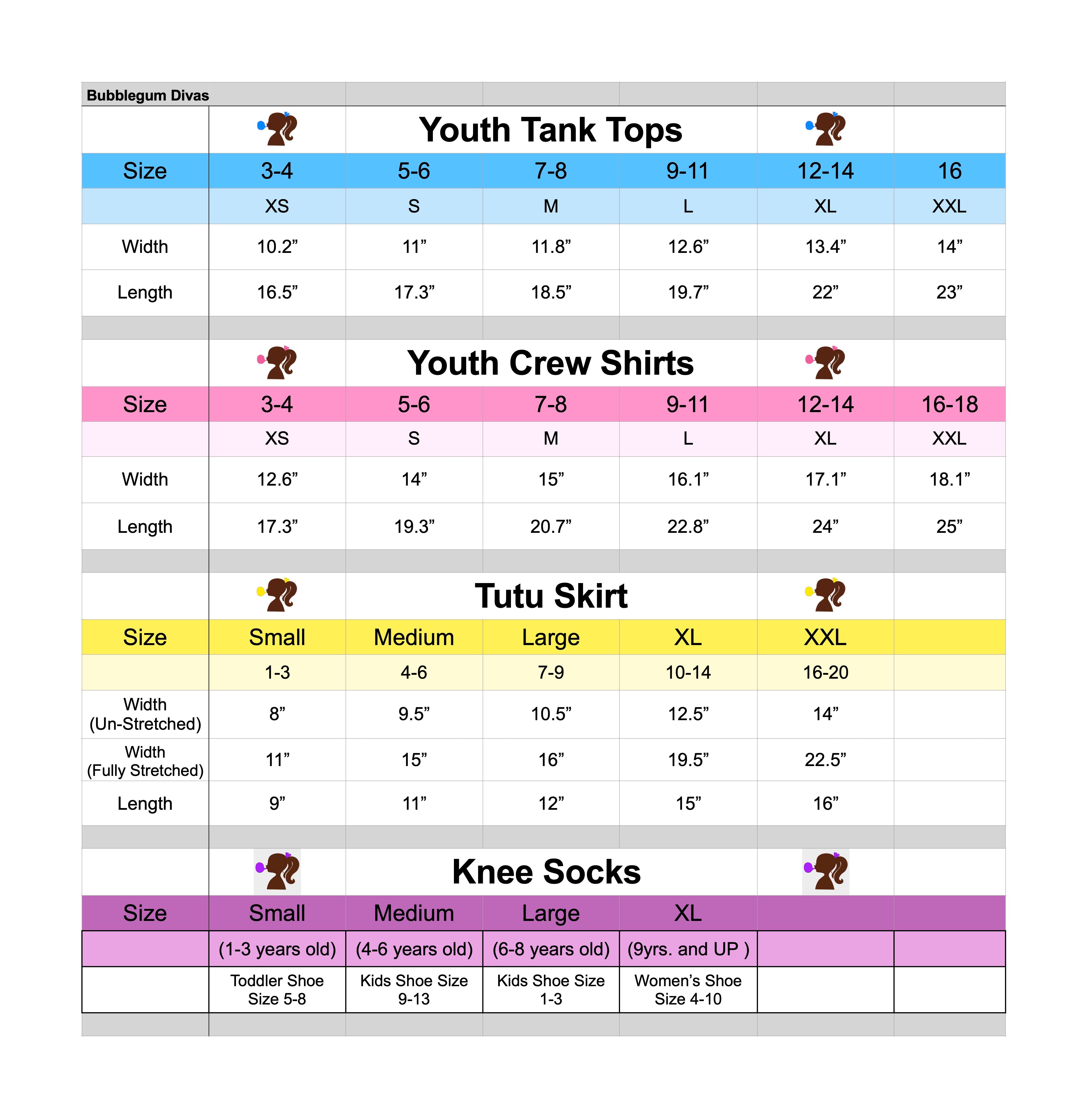 Bubblegum Divas Size Charts