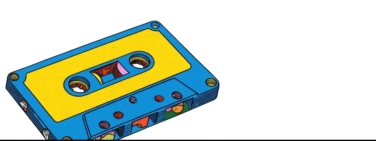 Blue and yellow cassette tape representing pop art movement in Gay Pop Art’s cultural critique