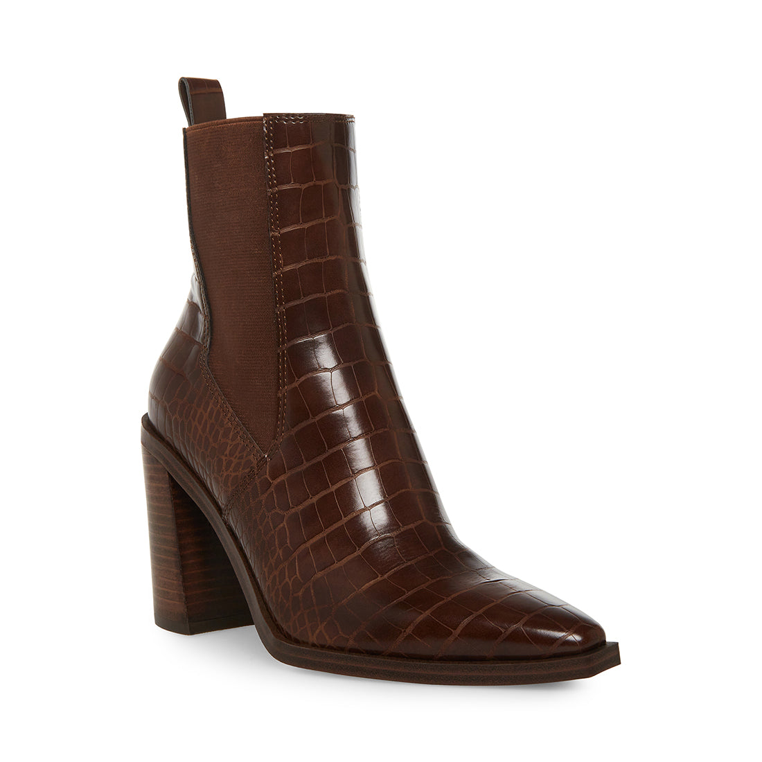 AKORI Brown Crocodile Block Heel Chelsea Boot | Women's Booties – Steve ...