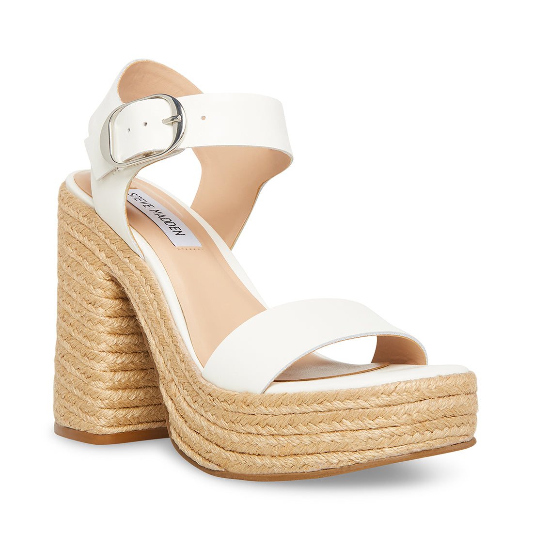 JANICE White Leather Espadrille Block Heel Sandal | Women's Heels ...