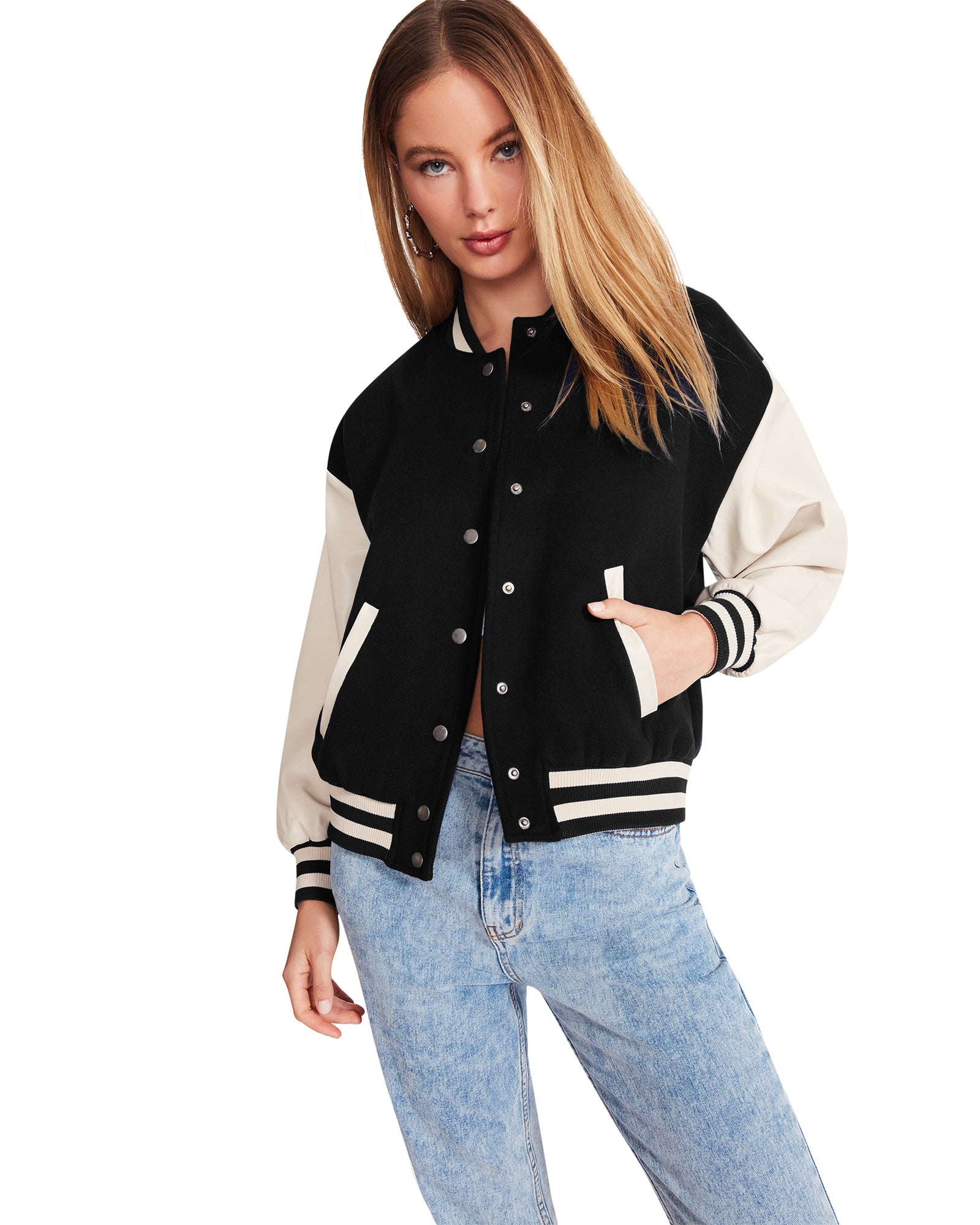 ALEXANDRA JACKET Black | Varsity Bomber Jacket – Steve Madden