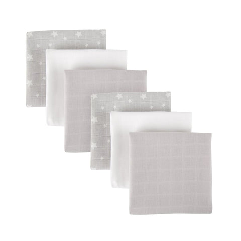 organic muslin cloths with grey and white patterns