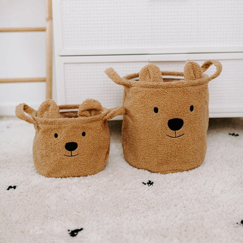 toy storage baskets in beige teddy bear design.