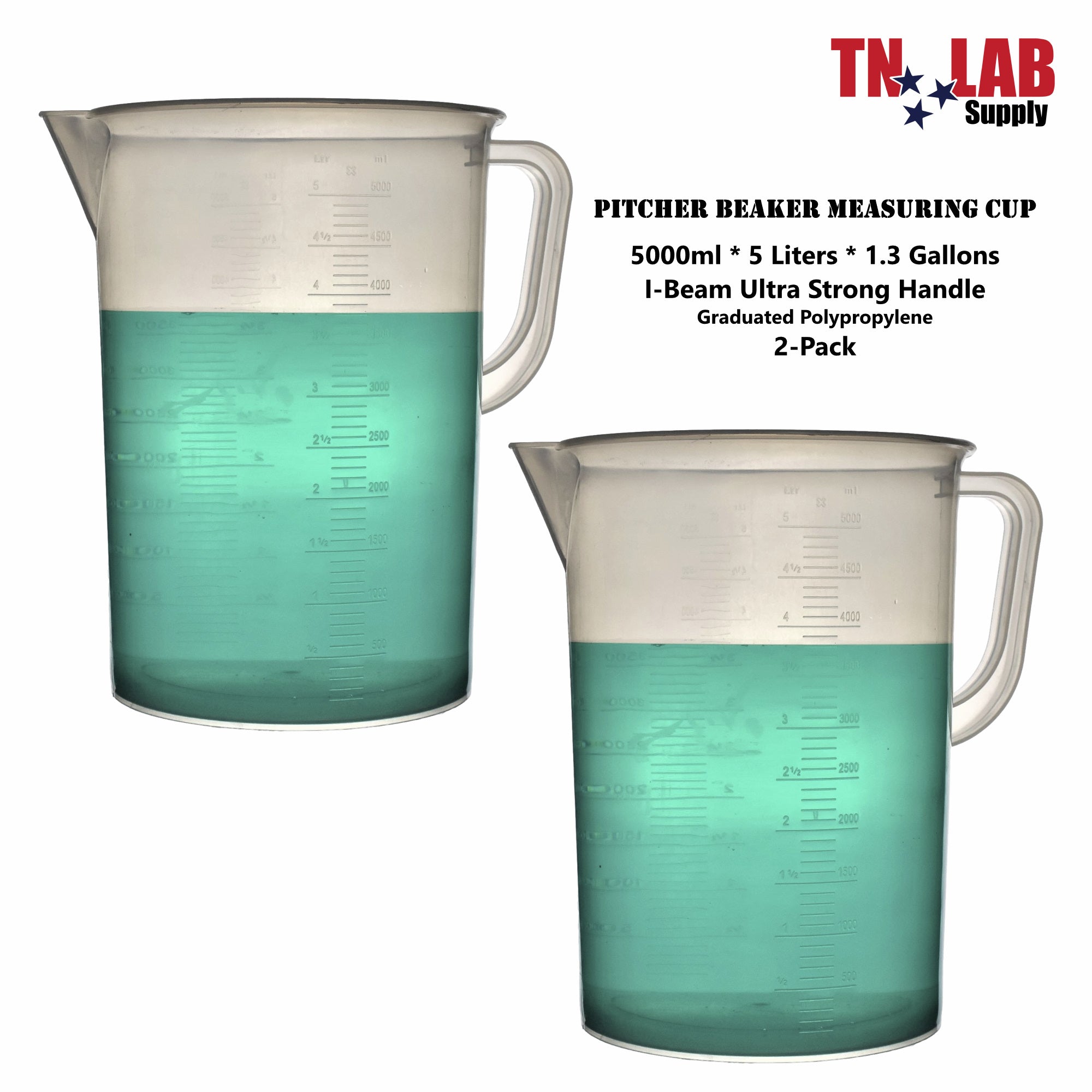 TN Lab Supply Pitcher Beaker Measuring Cup Strong Handle Polypropylene  Graduated 2000ml 2L ~2-Quart