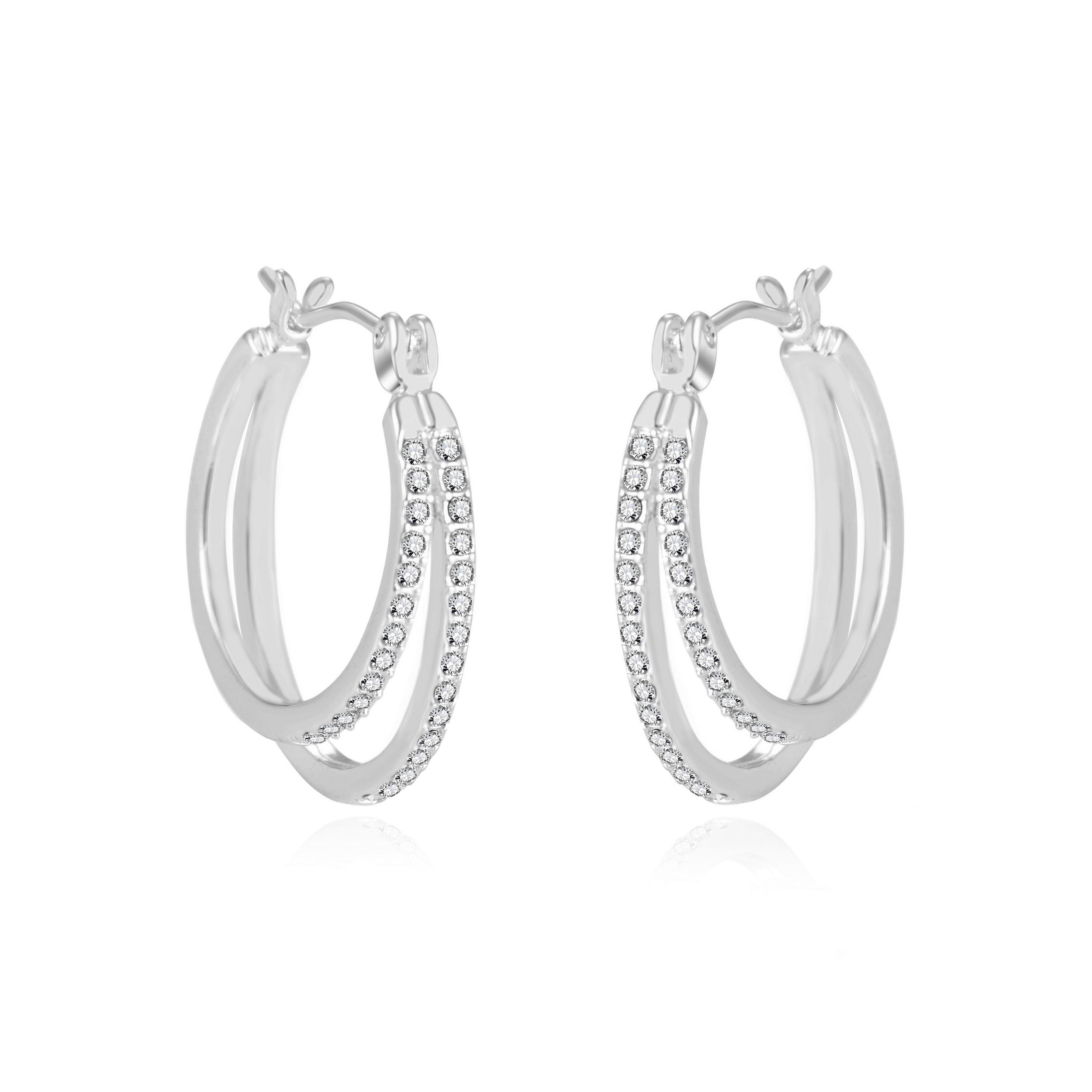 Silver Plated Double Hoop Earrings Created with Zircondia® Crystals