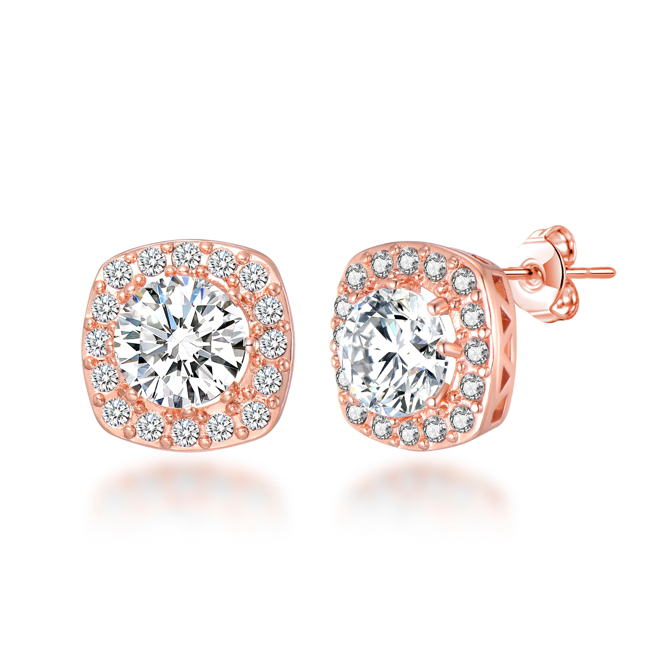 Rose Gold Plated Square Halo Earrings Created with Zircondia® Crystals