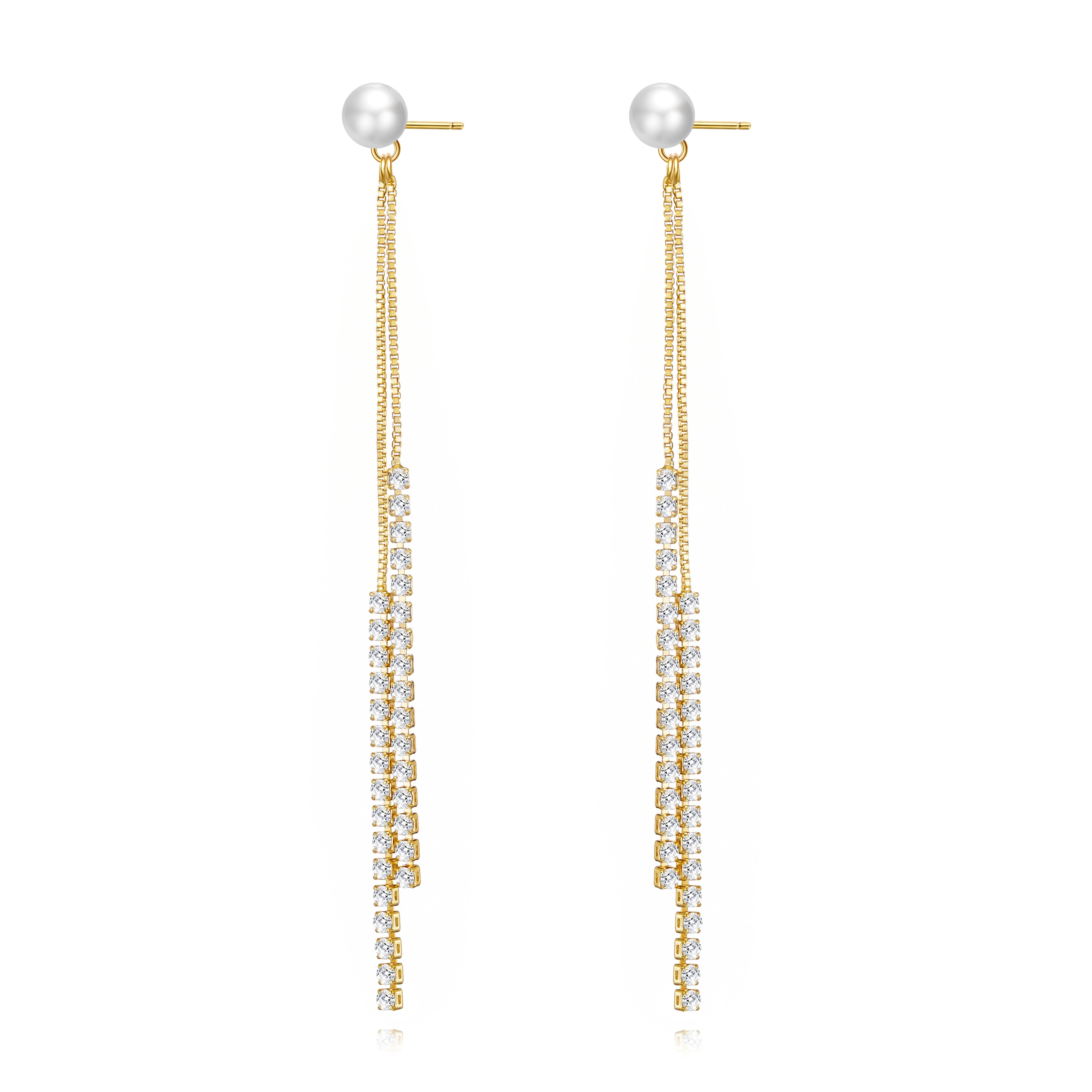 Gold Plated Pearl Dangle Earrings Created with Zircondia® Crystals