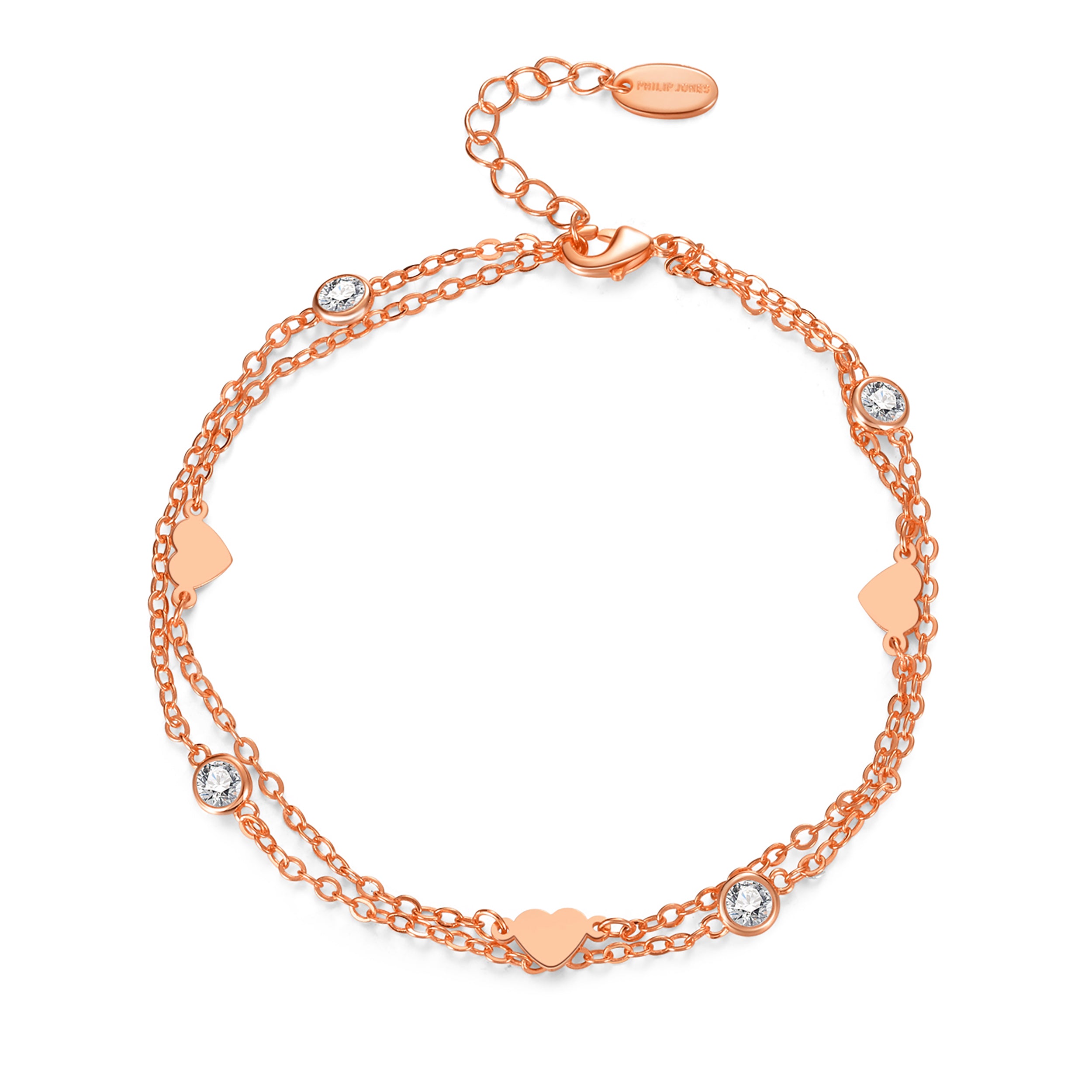 Rose Gold Plated Layered Heart Anklet Created with Zircondia® Crystals