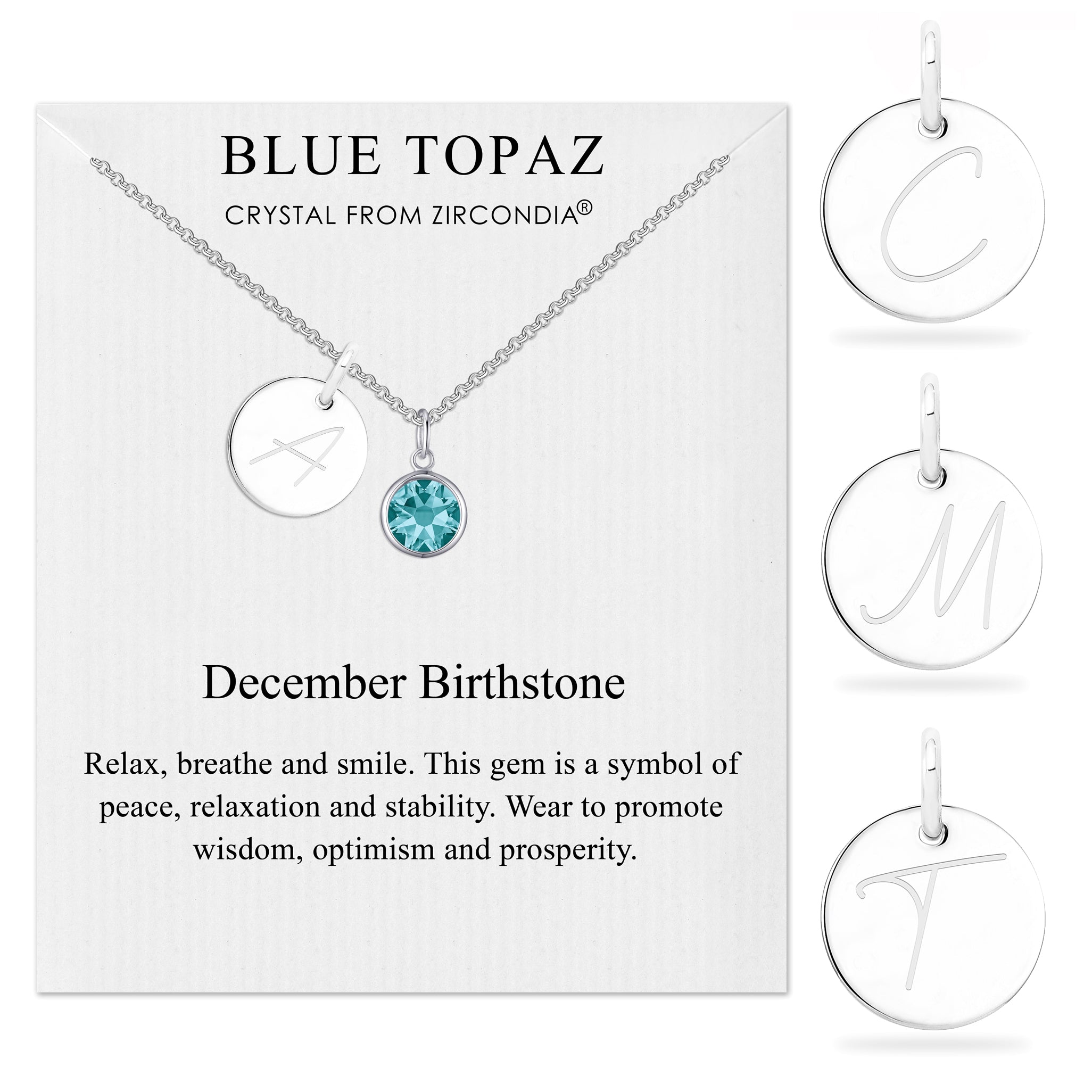 December (Blue Topaz) Birthstone Necklace with Initial Charm (A to Z) Created with Zircondia® Crystals