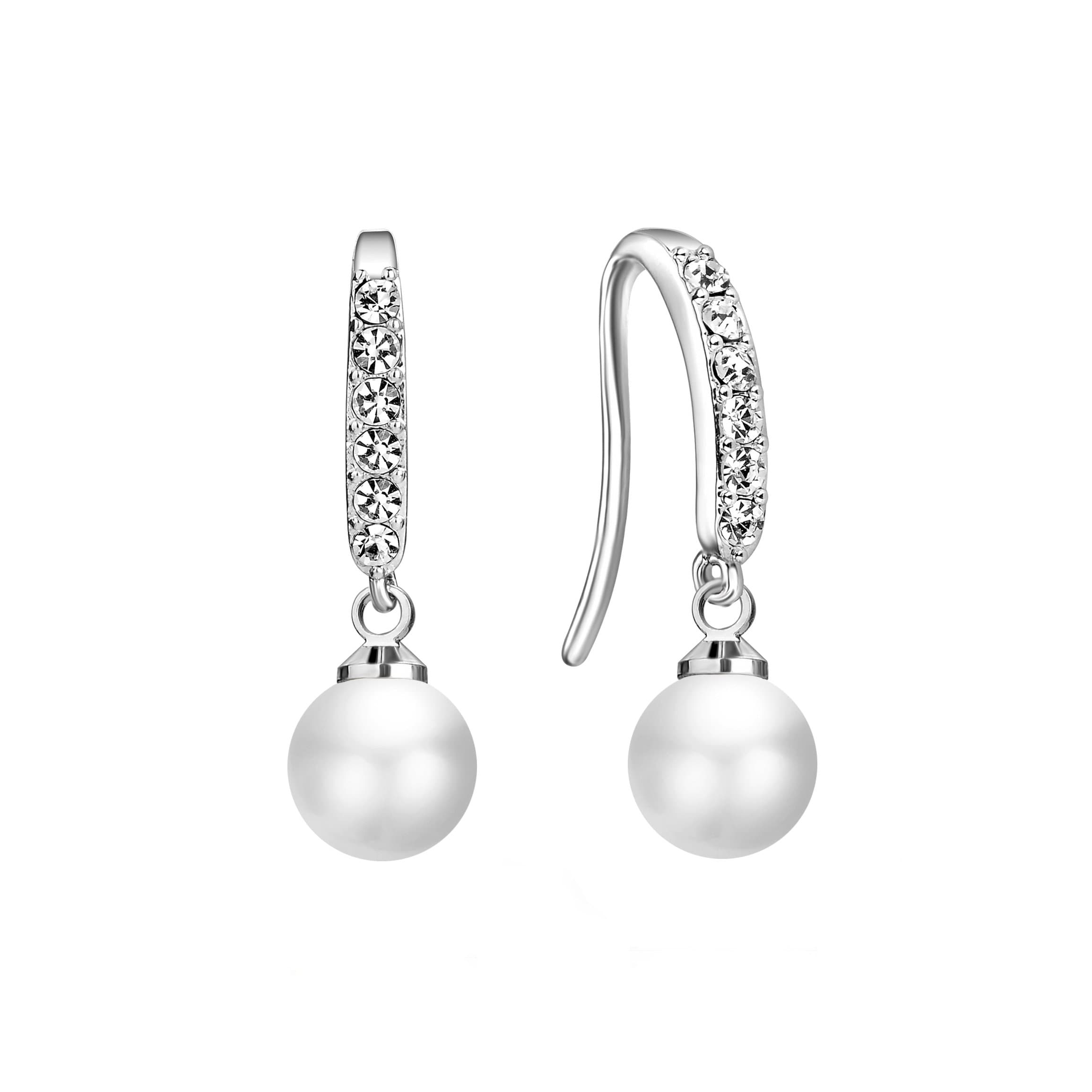 Silver Plated Pearl Drop Earrings Created with Zircondia® Crystals