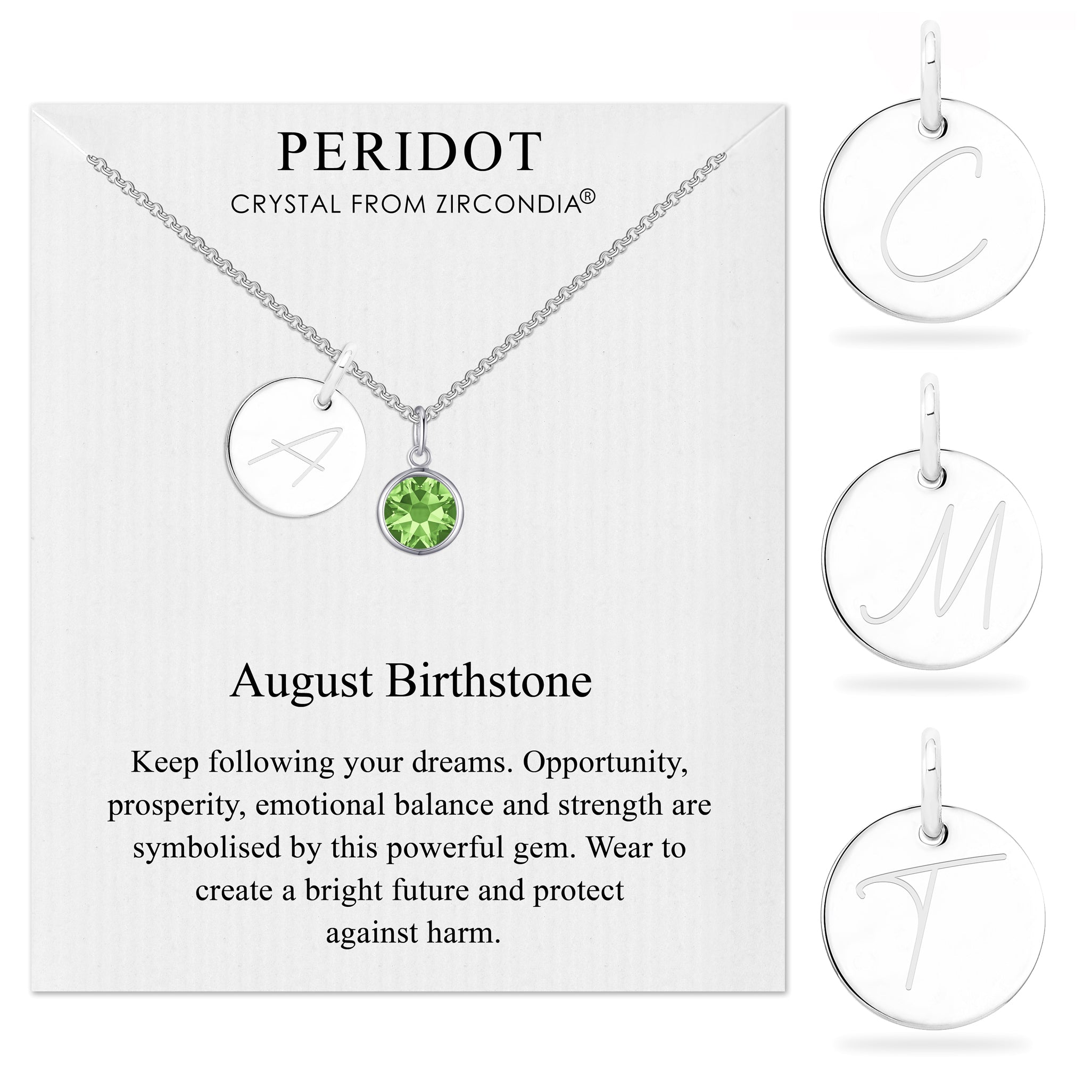 August (Peridot) Birthstone Necklace with Initial Charm (A to Z) Created with Zircondia® Crystals