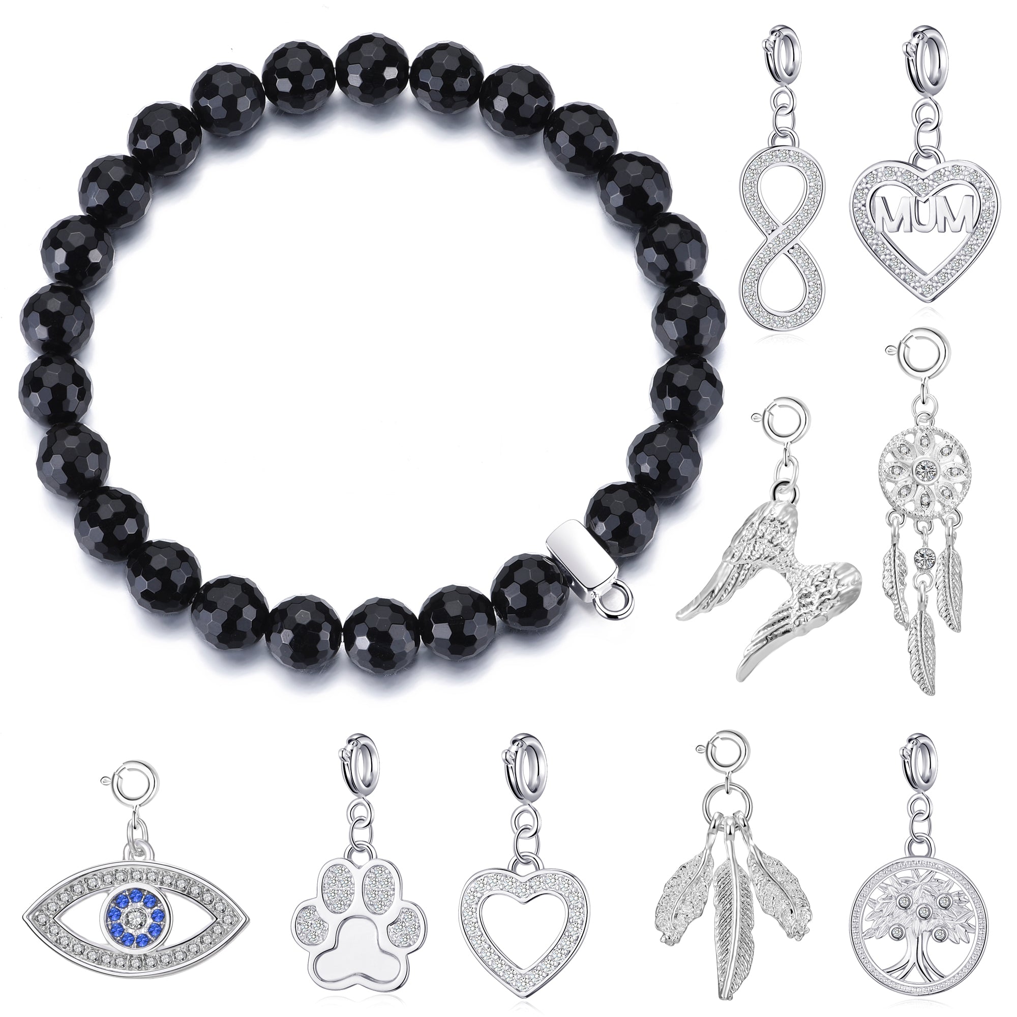 Faceted Black Onyx Gemstone Bracelet with Charm Created with Zircondia® Crystals
