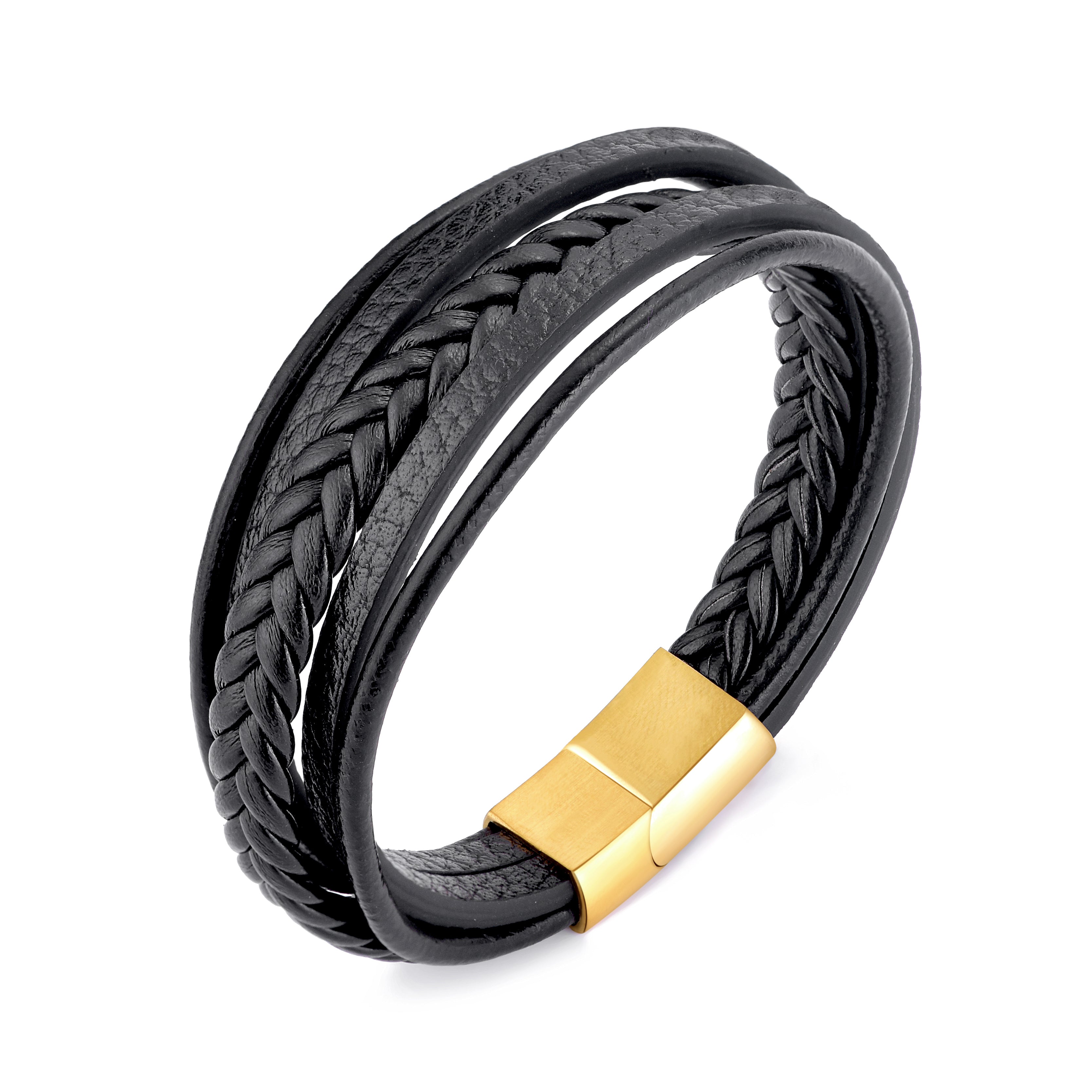 Men's Genuine Black Leather Bracelet with Gold Plated Stainless Steel Clasp