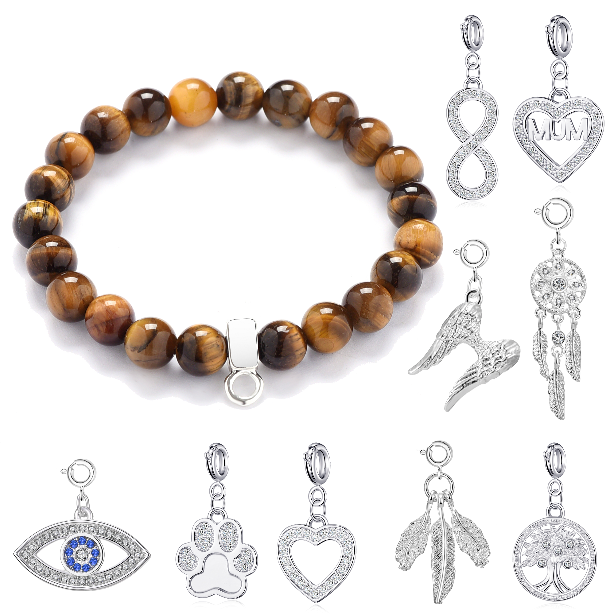 Tiger's Eye Gemstone Charm Stretch Bracelet with Charm Created with Zircondia® Crystals