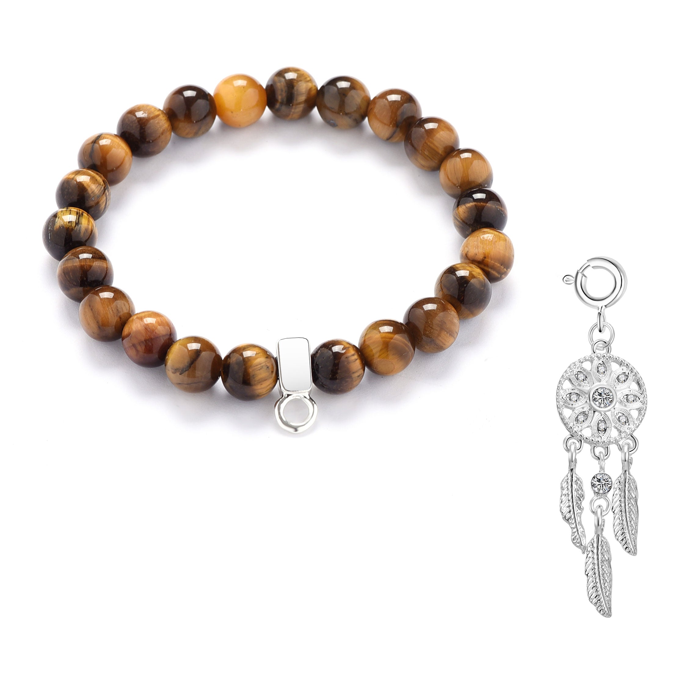 Tiger's Eye Gemstone Charm Stretch Bracelet with Charm Created with Zircondia® Crystals