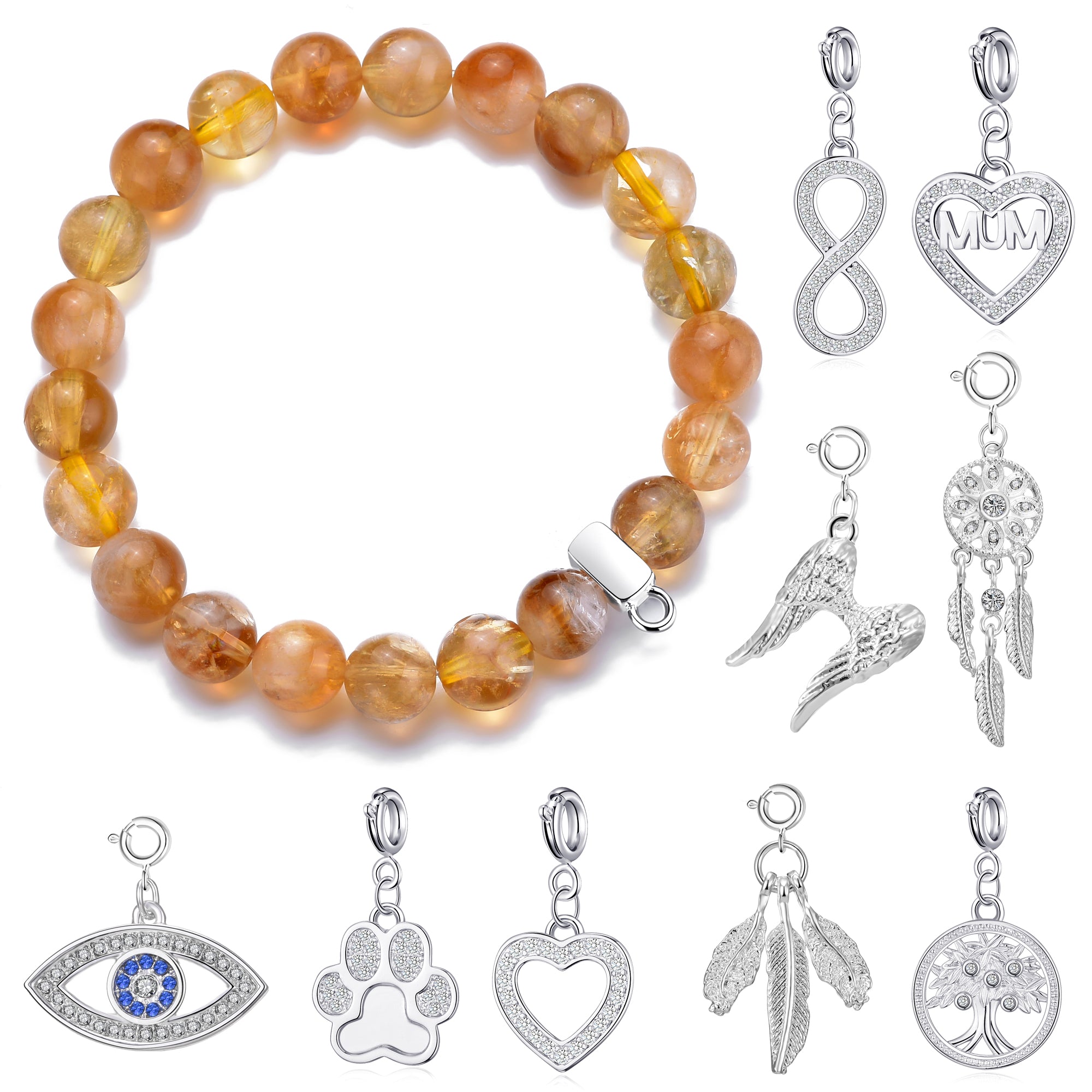 Yellow Quartz Gemstone Stretch Bracelet with Charm Created with Zircondia® Crystals