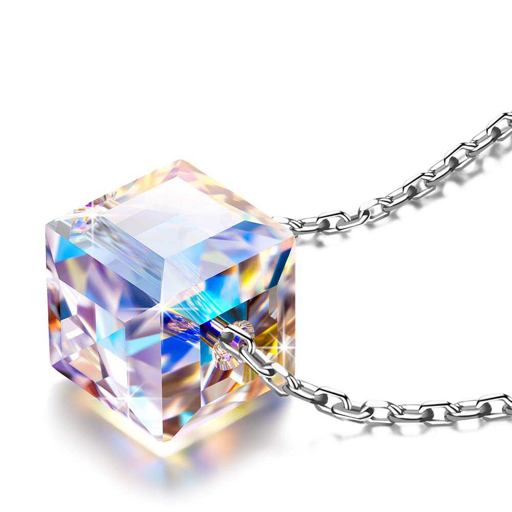 Sterling Silver Aurora Borealis Cube Necklace Created with Zircondia® Crystals