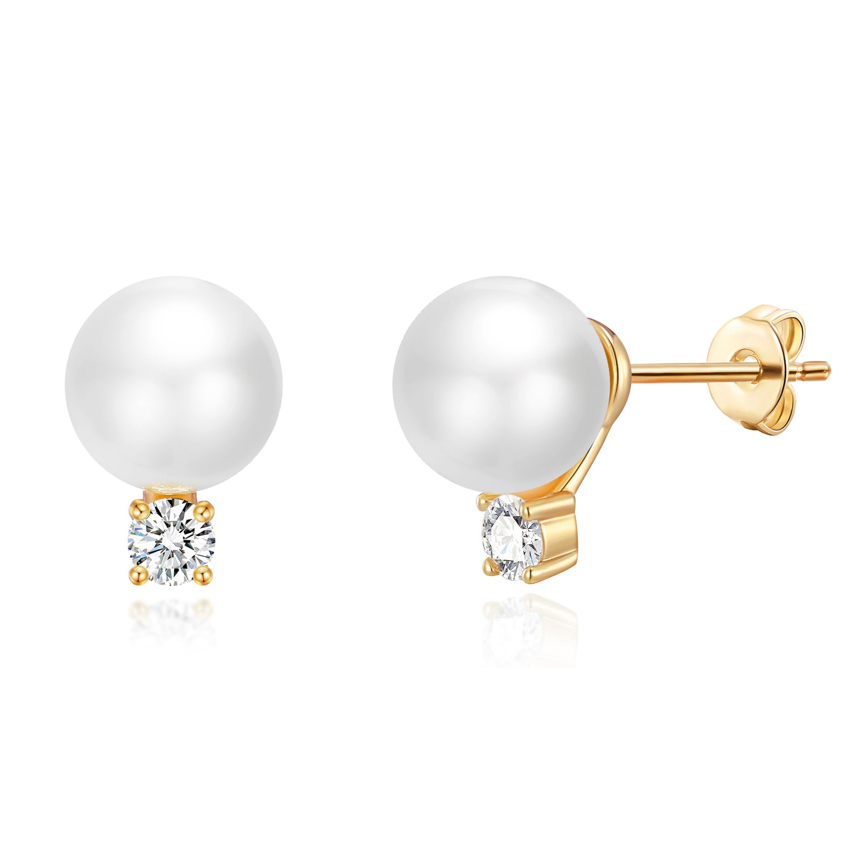 Gold Plated Round Shell Pearl Earrings Created with Zircondia® Crystals