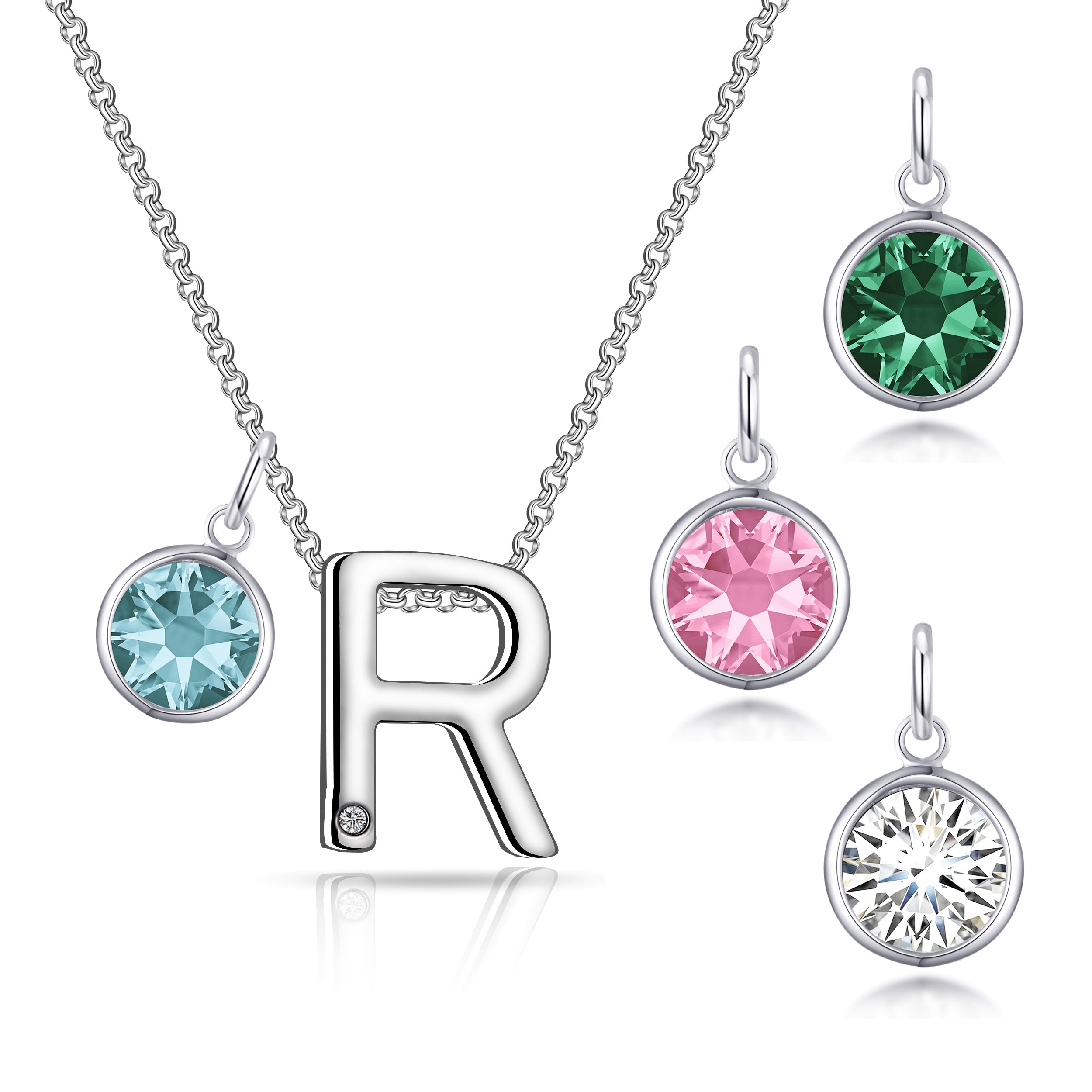 Initial R Necklace with Birthstone Charm Created with Zircondia® Crystals