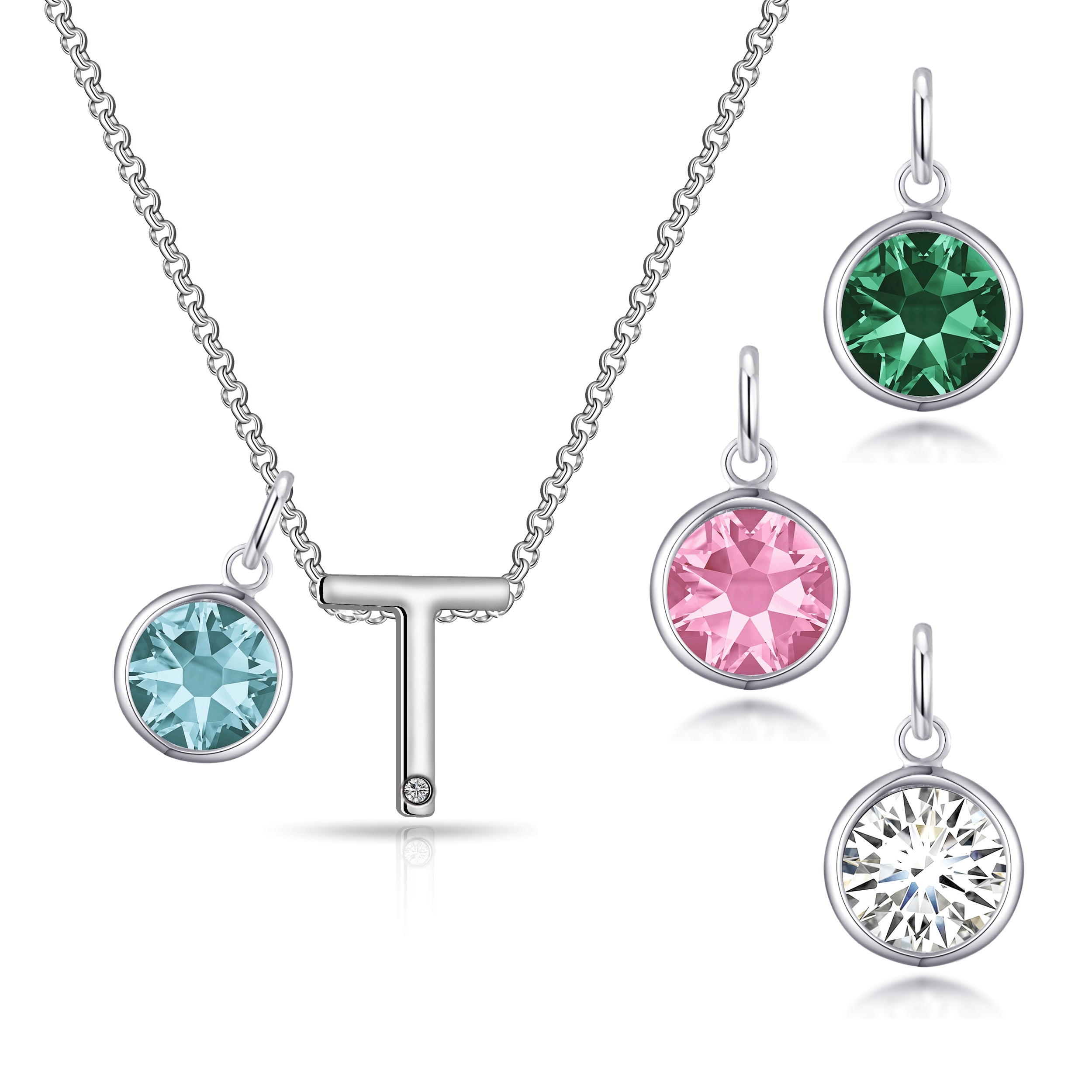 Initial T Necklace with Birthstone Charm Created with Zircondia® Crystals