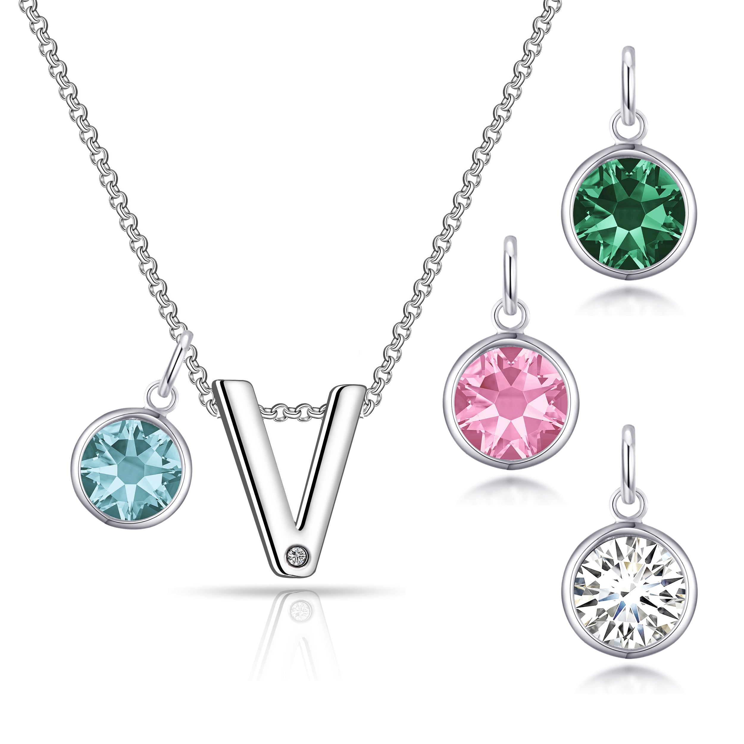 Initial V Necklace with Birthstone Charm Created with Zircondia® Crystals