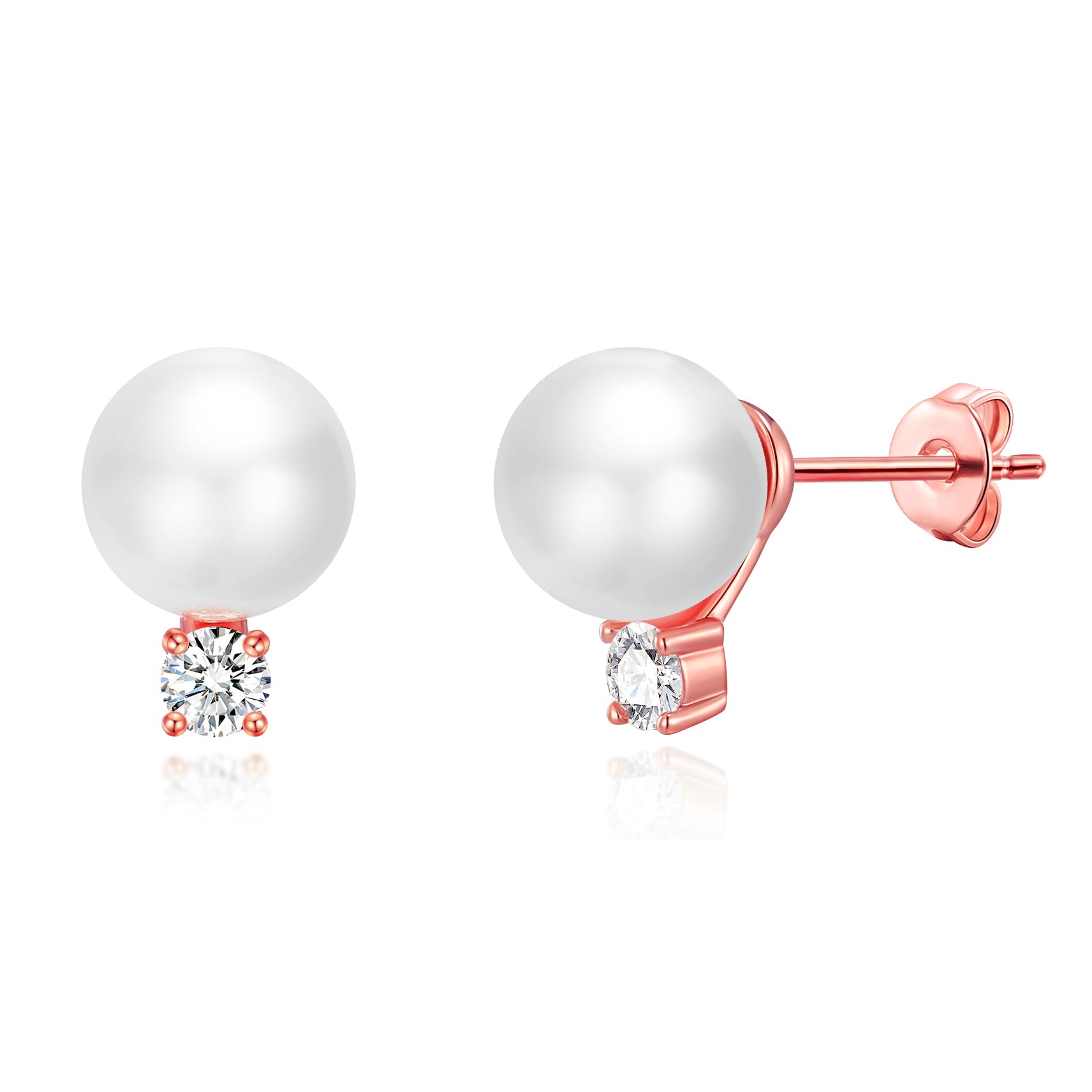 Rose Gold Plated Round Shell Pearl Earrings Created with Zircondia® Crystals