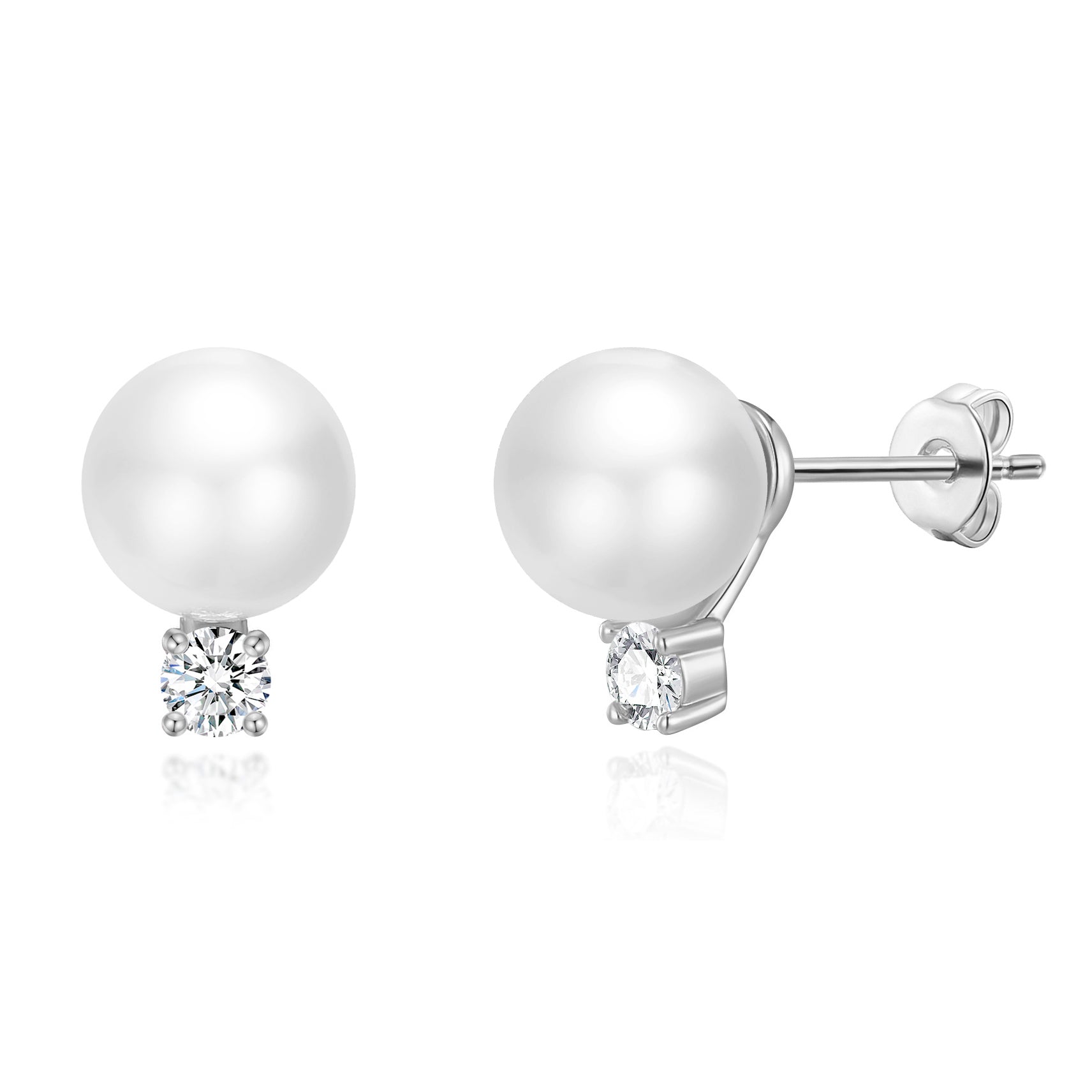 Silver Plated Round Shell Pearl Earrings Created with Zircondia® Crystals