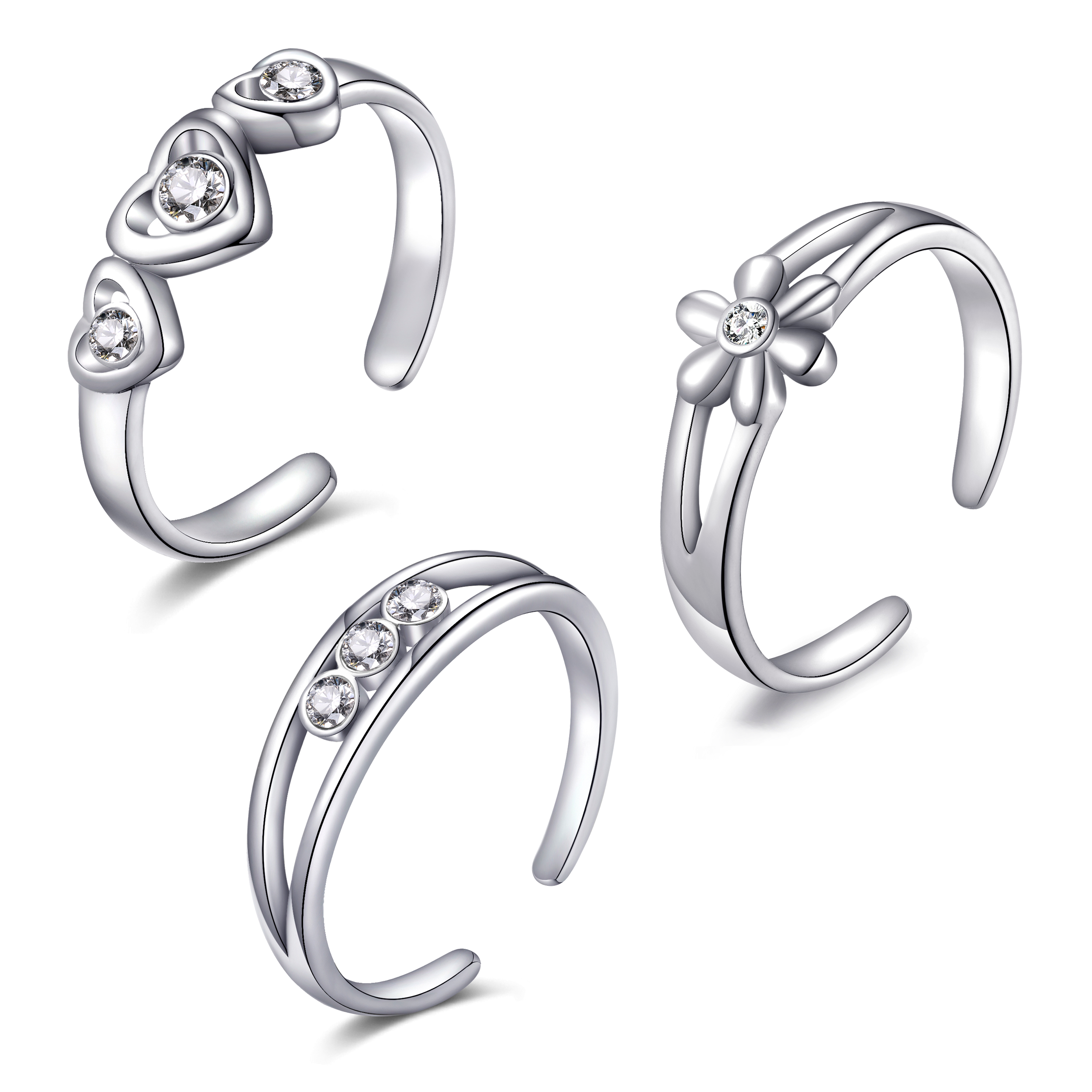 Set of Three Silver Plated Adjustable Toe Rings Created with Zircondia® Crystals