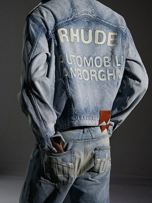 Rhude - Oversized Suede Elbow-Patch Distressed Denim Jacket - Blue