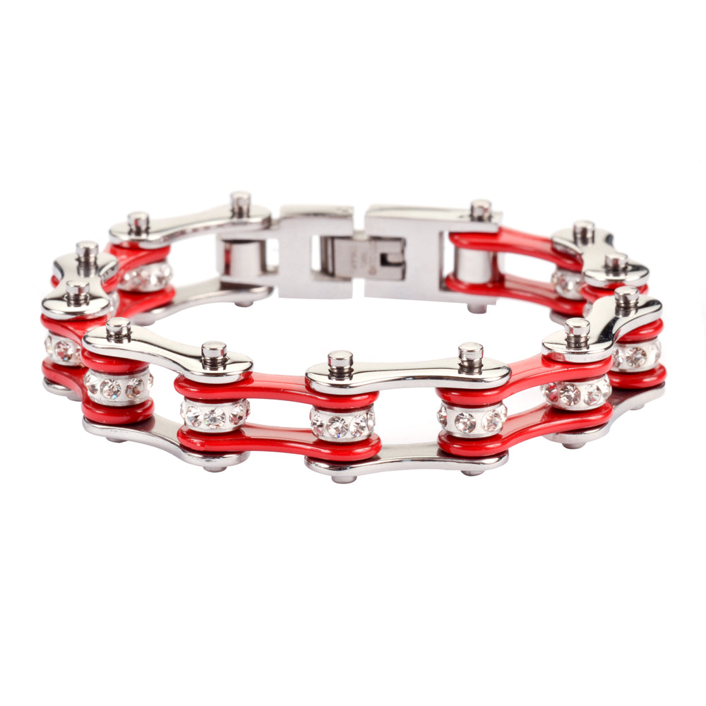 Ladies Silver Red Bike Chain Bracelet   SK1101