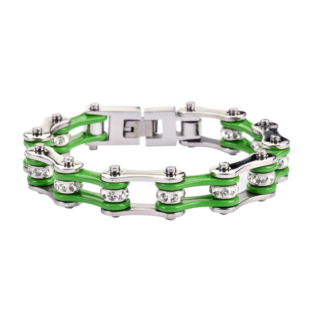 LADIES Silver Green Bike Chain Bracelet   SK1191