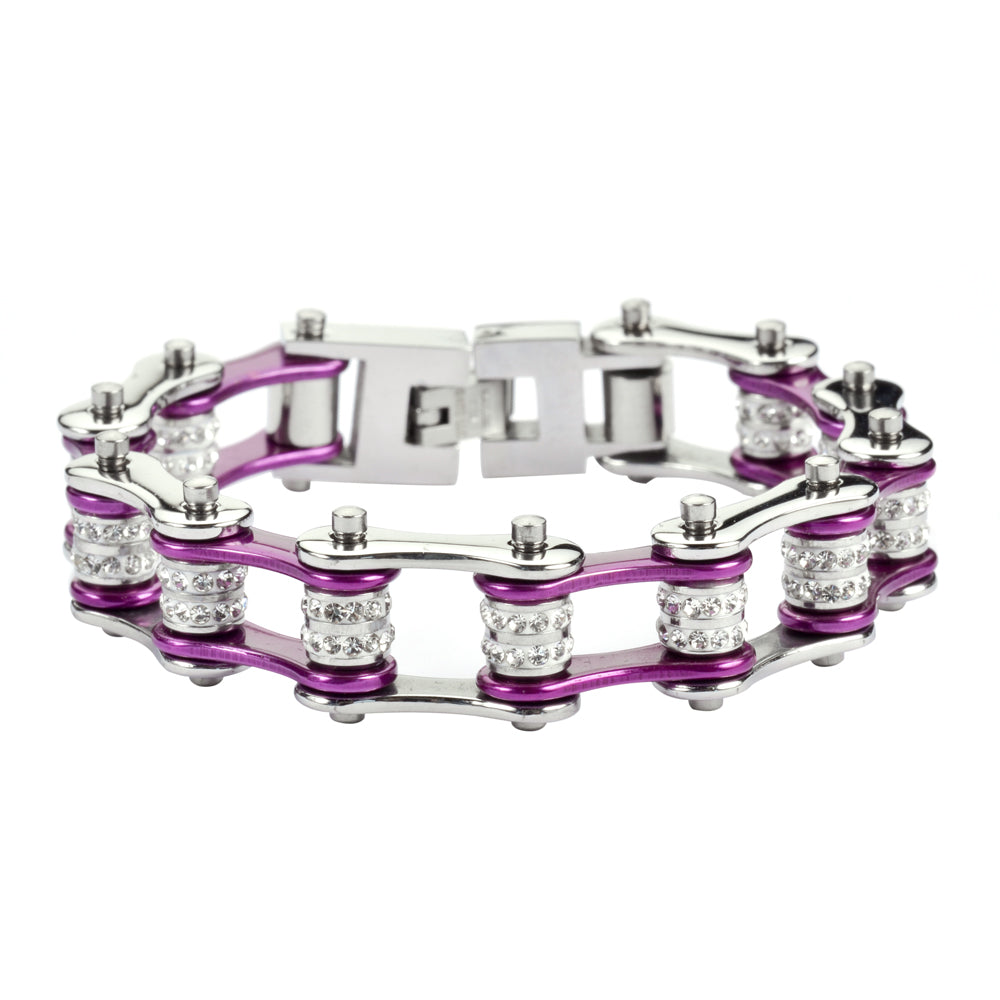 Ladies Silver Purple Double Roller Bike Chain Bracelet   SK1603