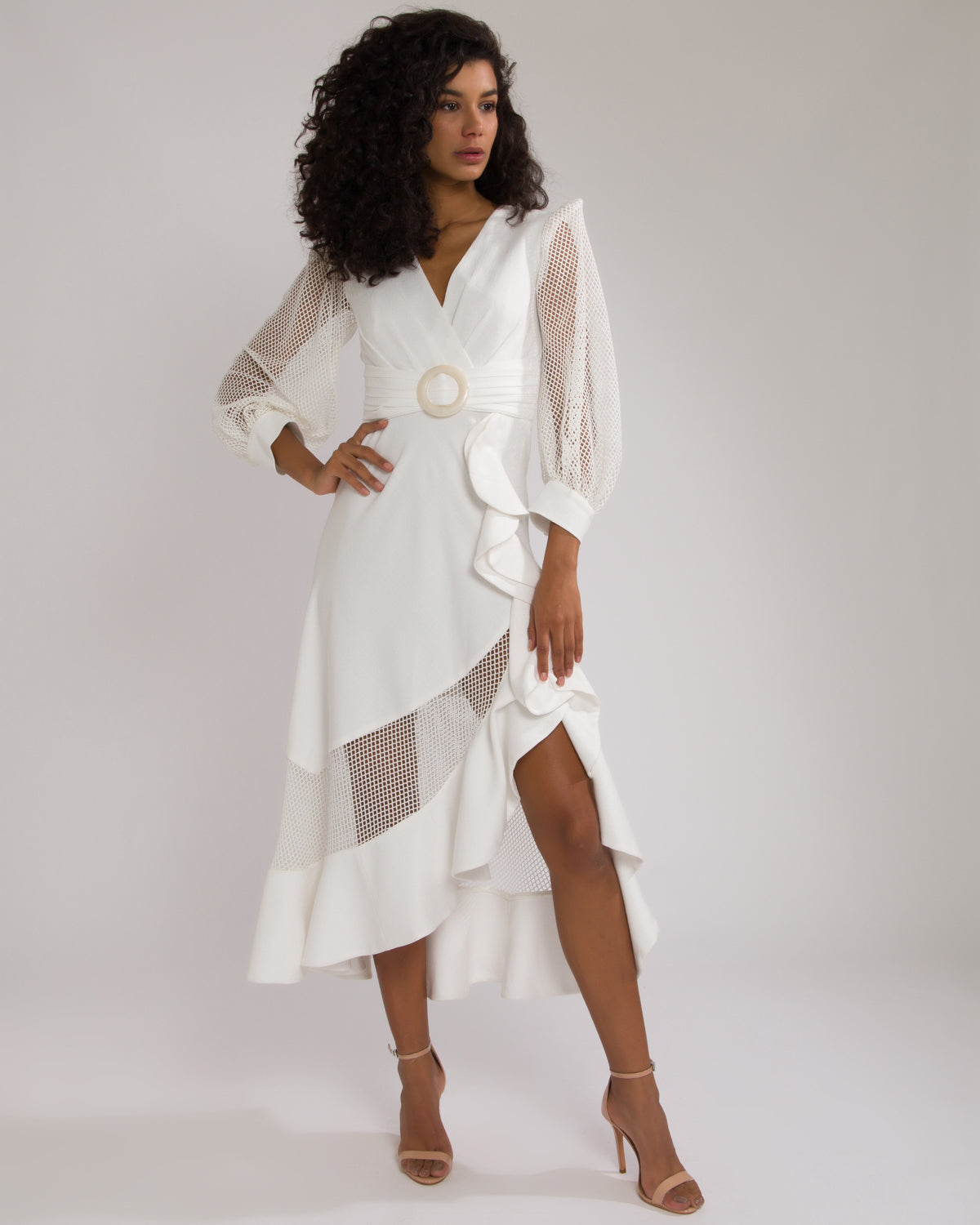 white belted midi dress