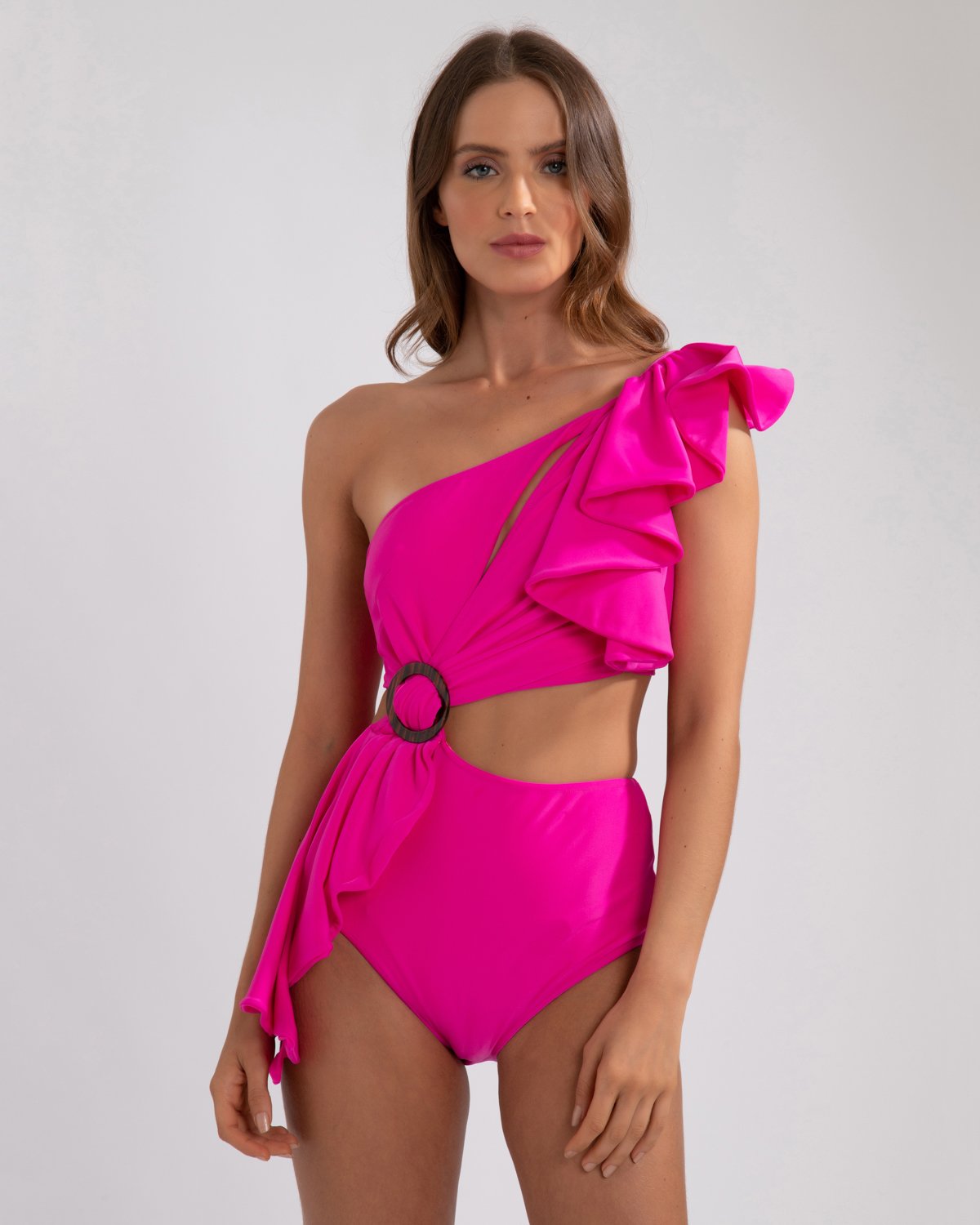 neon pink one shoulder swimsuit