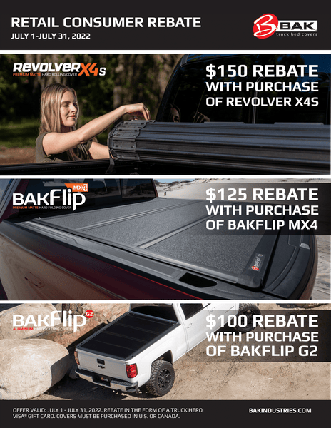 BAK Industries July 2022 Rebate for BAKFlip MX4, BAKFlip G2 and Revolver X4s