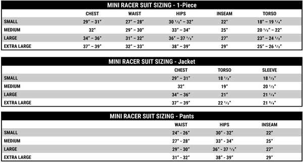 Impact Racing Mini Racer Size Chart