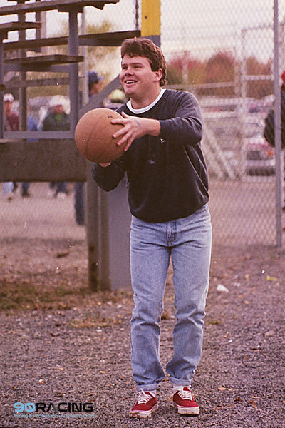 Mark Kinser shooting hoops with Dale Blaney at Lernerville 1990