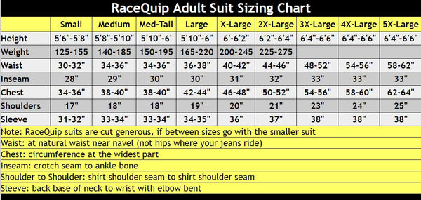 RaceQuip Adult Suit Size Chart