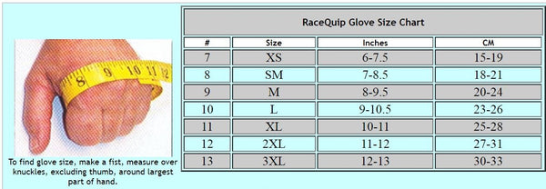 RaceQuip Gloves Size Chart