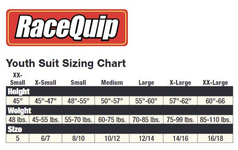 RaceQuip Youth Size Chart