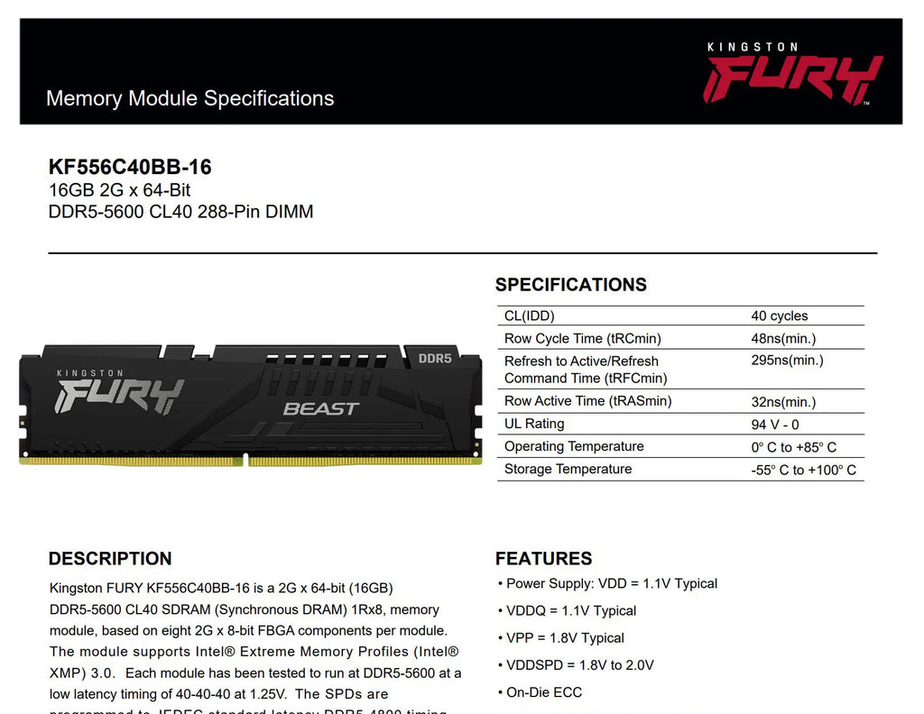 Kingston 16GB Fury Beast DDR5 5600 Desktop Memory Model: KF556C40BB-16 Specification