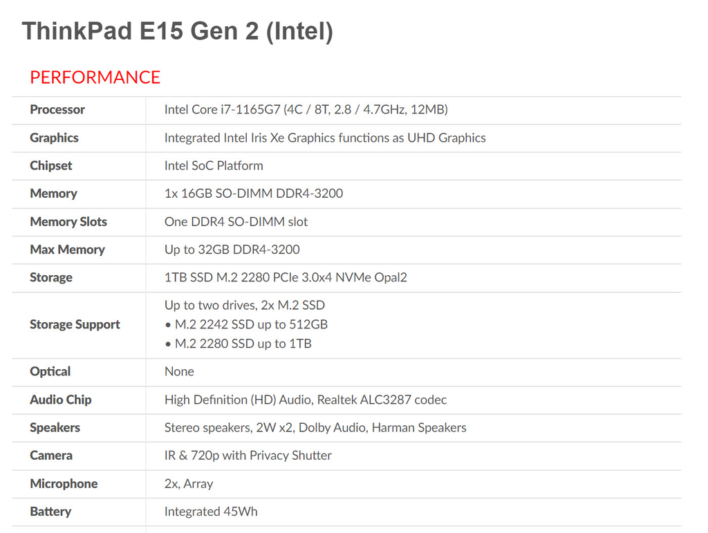 Lenovo ThinkPad E15 Gen2 Intel i7 1165G7, 16GB RAM, 1TB NVMe SSD 15.6" 1920x1080 FHD IPS Display  Windows 11 Pro Notebook Model: 20TD00J6US Specification