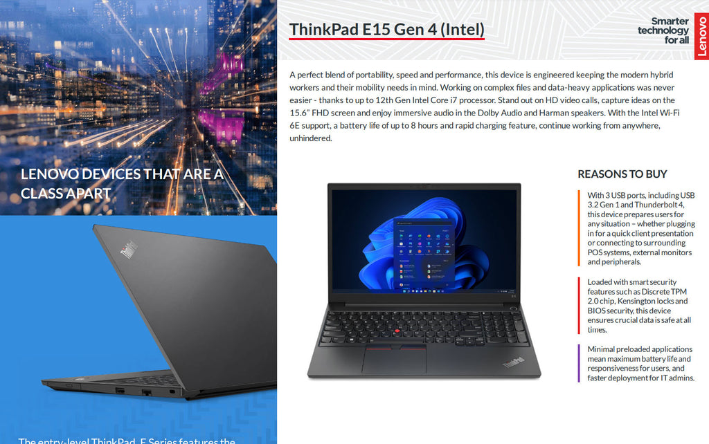 Lenovo ThinkPad E15 Gen 4 (15.6") Intel i5 1235U Business Notebook  Model: 21E6007FUS Description