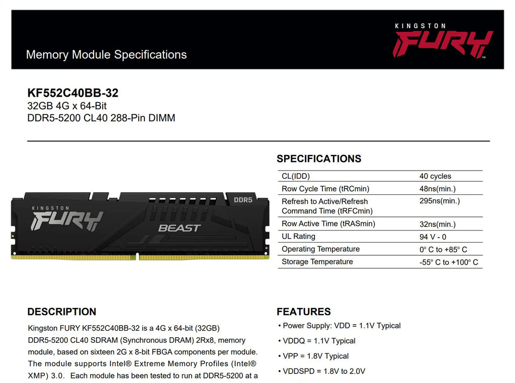 Kingston 32GB Fury Beast DDR5 5200 Desktop Memory Model: KF552C40BB-32 Specification