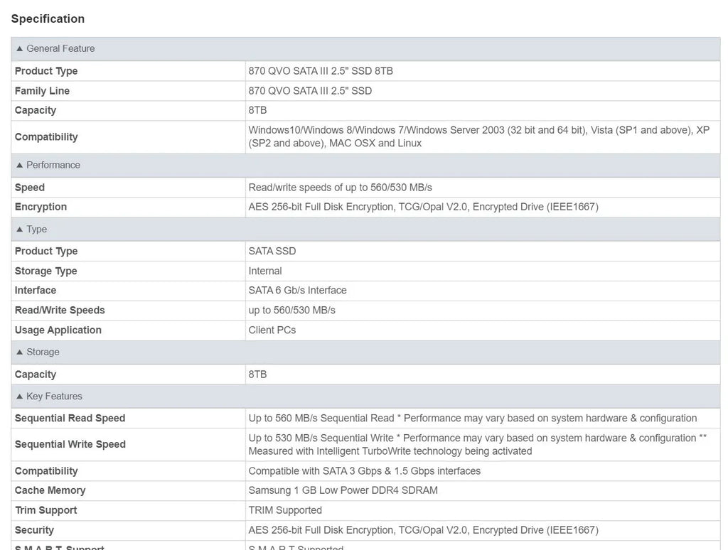 Samsung 870 QVO 2.5" 8TB SATA III Internal Solid State Drive Specification