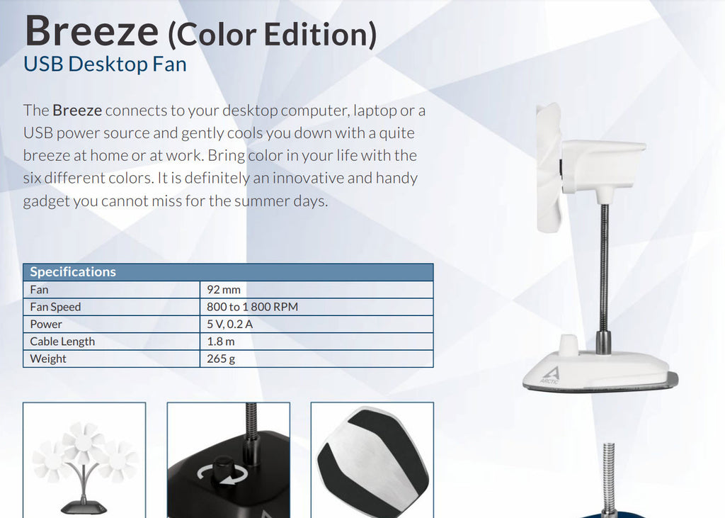 Arctic Breeze Portable USB Table Fan Silver Color  Model: ABACO-BZP0301-BL Specification