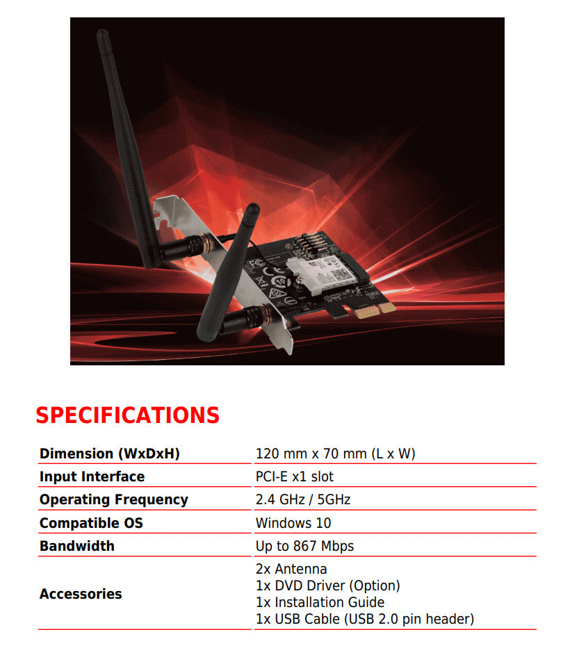 MSI AC905C V2 802.11AC Wireless Dual Band & Bluetooth PCI-E Adapter Specification